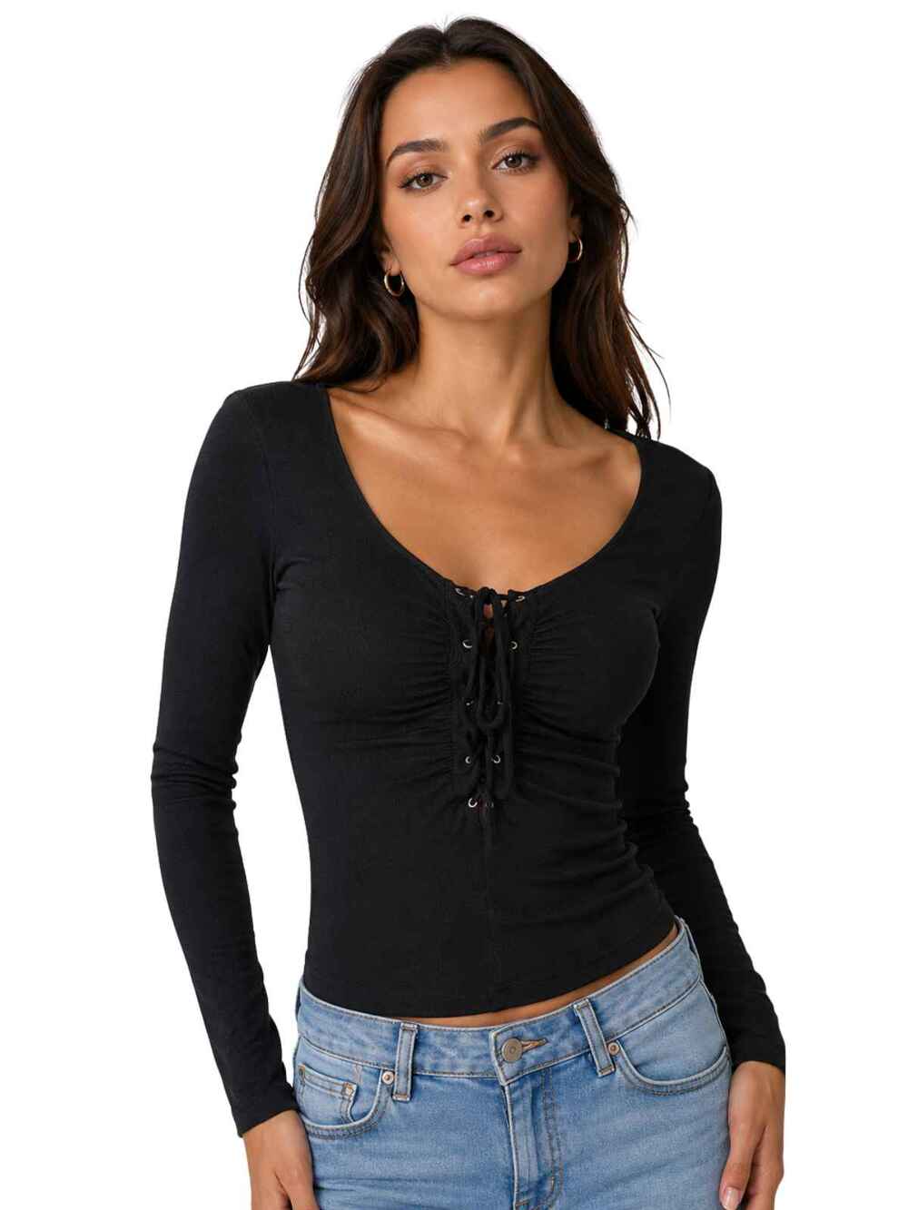 BCBGMAXAZRIA Lace-Up Ruched Mesh Long Sleeve Top Black Women's Size XXS